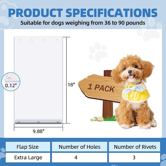 Extra Large Replacement Dog Door Flaps, Clear Pet Door Replacement Flap Compatible with 9.88" x 18" Dog Door, Weather Resistant Replacement Flap Fits Pets Up to 90 Lbs