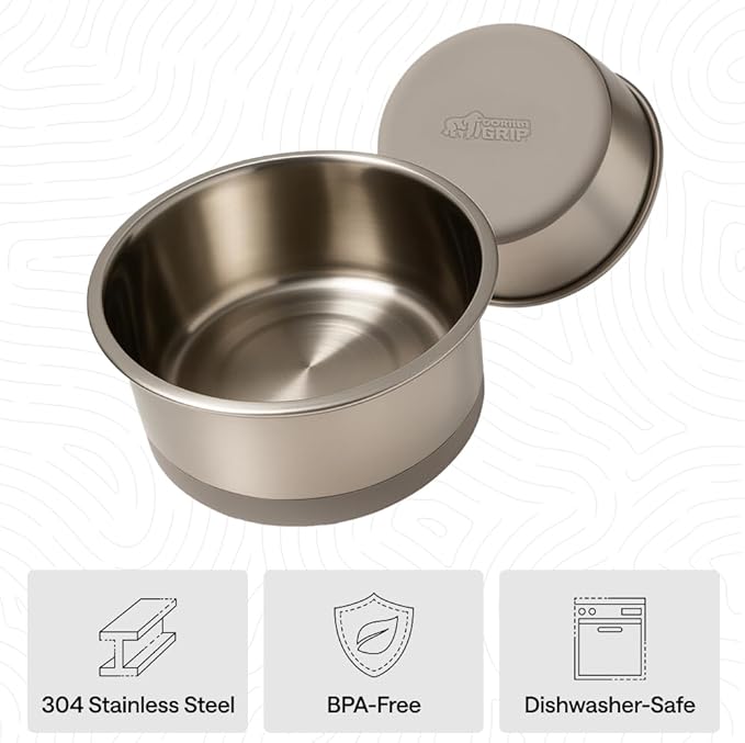 GORILLA GRIP Dog Bowls, Food Grade 304 Stainless Steel, Holds 8 Cups Each (64 fl oz) Food and Water Bowl for Feeding Dogs and Cats, Dishwasher Safe, Rust Resistant, BPA Free Rubber Base Set of 2 Beige