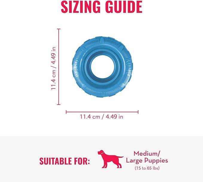 KONG Puppy Tires - Dog Chew Toy for Puppies - Stuffable Dog Toy for Treats & Snacks - Natural Rubber Chew Toy for Teething Puppy - for Medium/Large Puppies - Randomly Provided Color