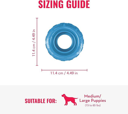 KONG Puppy Tires - Dog Chew Toy for Puppies - Stuffable Dog Toy for Treats & Snacks - Natural Rubber Chew Toy for Teething Puppy - for Medium/Large Puppies - Randomly Provided Color