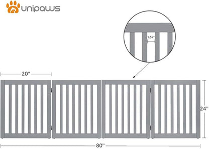 unipaws 24" H Free Standing Pet Gate for Dog Cat, Wooden Dog Gates for Doorway, Stairs, Step Over Foldable Pet Fence for The House, Expandable Barrier, Indoor Use, Grey