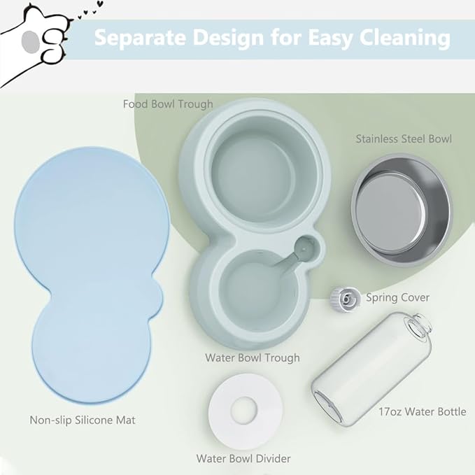 Dog Bowls, Puppy Cat Food and Water Bowl Set with Water Dispenser and Stainless Steel Bowl Non-Slip Mat, Detachable Gravity Pet Feeder and Waterer Set for Cats Dogs Puppy Rabbit (Blue)