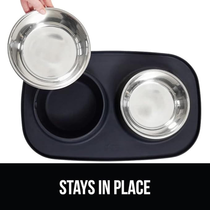 GORILLA GRIP Feeding Mat Bowl Set, 4 Cup 100% Waterproof BPA Free Silicone Base, 304 Stainless Steel Cat and Dog Bowls for Food and Water, Slip Resistant, High Edge, US Designed, Patent Pending, Black