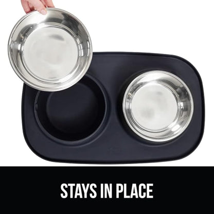 GORILLA GRIP Feeding Mat Bowl Set, 3 Cup 100% Waterproof BPA Free Silicone Base, 304 Stainless Steel Cat and Dog Bowls for Food and Water, Slip Resistant, High Edge, US Designed, Patent Pending, Black