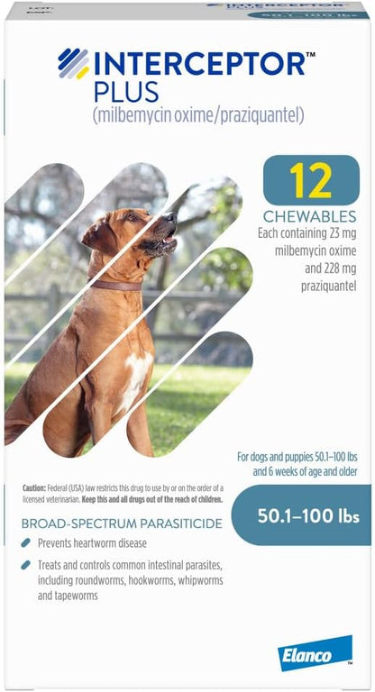 Interceptor Plus Prevention for Heartworm + 4 Other Worms for Dogs 50.1-100 lbs. | 12 Chews, 12-Month Supply