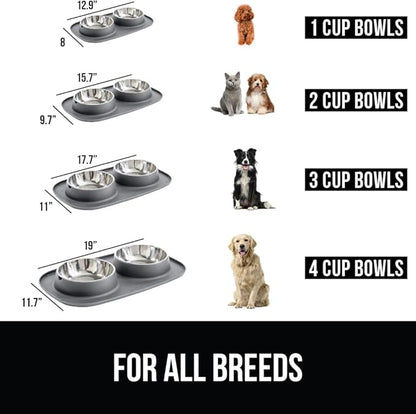 GORILLA GRIP Feeding Mat Bowl Set, 100% Waterproof BPA Free Silicone Base, 304 Stainless Steel Cat and Dog Bowls for Food and Water, Slip Resistant, High Edge, US Designed, Patent Pending, 2 Cup Gray