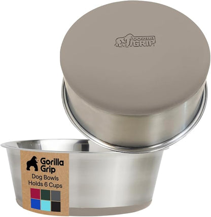 GORILLA GRIP Dog Bowls, Food Grade 304 Stainless Steel, Holds 6 Cups Each (48 fl oz) Food and Water Bowl for Feeding Dogs and Cats, Dishwasher Safe, Rust Resistant, BPA Free Rubber Base Set of 2 Beige