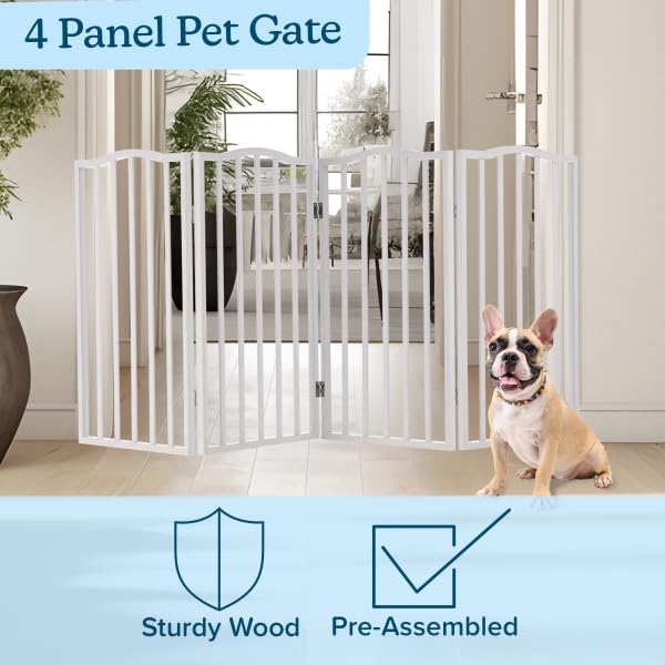 Pet Gate - 4-Panel Indoor Foldable Dog Fence for Stairs, Hallways, or Doorways - 72x32-Inch Wood Freestanding Dog Gates by PETMAKER (White)