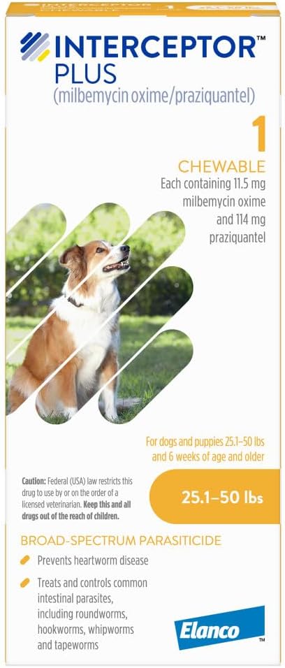 Interceptor Plus Prevention for Heartworm + 4 Other Worms for Dogs 25.1-50 lbs. | 1 Chew, 1-Month Supply