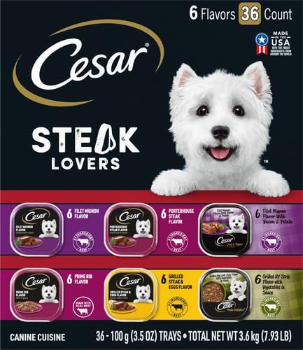 Cesar Wet Dog Food Steak Lovers Variety Pack,Adult,Wet Food for Dogs with Real Meat,3.5 oz Easy Peel Trays,36 Count (Pack of 2)