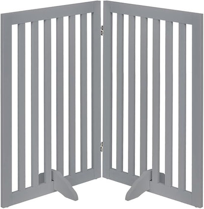 unipaws 36”H Free Standing Pet Gate for Dog and Cat, Wooden Dog Gates for Doorway, Stairs, Room Divider, Step Over Foldable Pet Fence for The House, Expandable Barrier, Indoor Use, Grey