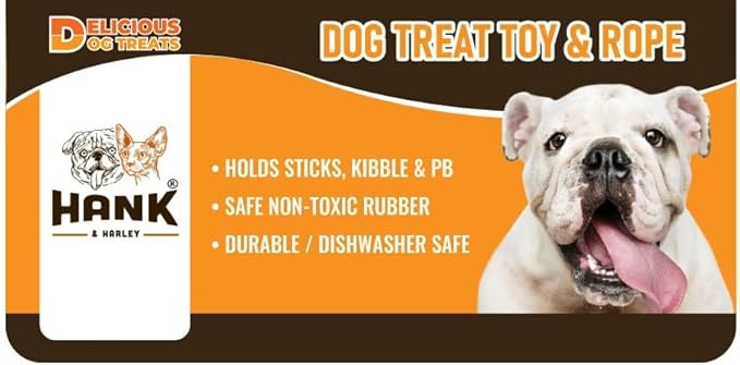 Hank & Harley Dog Treat Toy- Entertain with Food & Treat Dispensing, Fetching and Chewing Toys. Amazing Durability, Dishwasher Safe, BPA Free Non-Toxic Rubber (Toy & Rope)