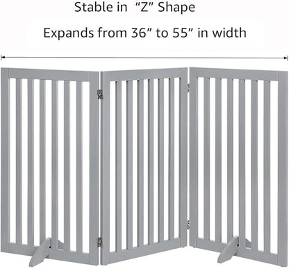 unipaws 36" H Free Standing Pet Gate for Dog Cat, Tall Wooden Dog Gates for Doorway, Stairs, Foldable Pet Fence for The House, Expandable Barrier, Indoor Use, Grey