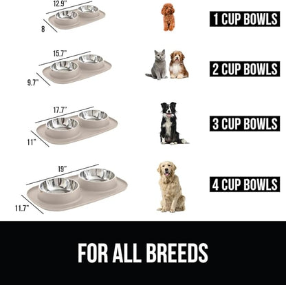 GORILLA GRIP Feeding Mat Bowl Set, 3 Cup 100% Waterproof BPA Free Silicone Base, 304 Stainless Steel Cat and Dog Bowls for Food and Water, Slip Resistant, High Edge, US Designed, Patent Pending, Beige