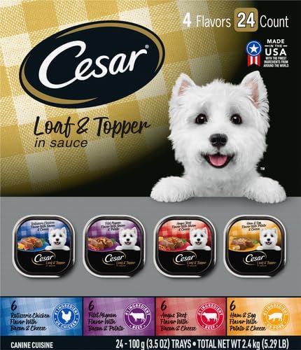 Cesar Loaf in Sauce Wet Dog Food Rotisserie Chicken,Filet Mignon,Angus Beef,and Ham & Egg Flavors Variety Pack,Wet Food for Dogs,3.5 oz Easy Peel Trays,24 Count (Pack of 2)