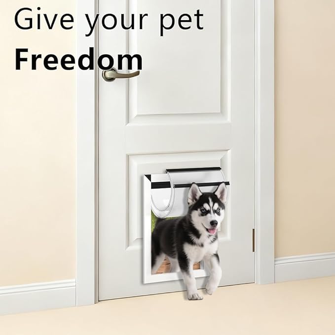 [MAVRICPOWER] Aluminum Medium Dog Door for Door, Doggy Door with 2 Sliding Lock Panels for Extreme, Doggie Door for Medium Dogs Up to 30 lbs