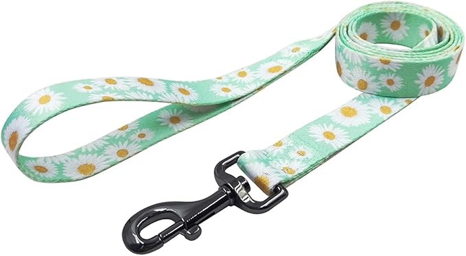 Dog Collar Leash Set, Floral Pattern, Polyester Material, Adjustable Collar and 5ft Matchcing Leash, for Medium Dogs.(M, Light Green Daisy)