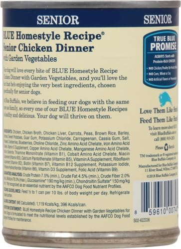 Blue Buffalo Homestyle Recipe Senior Wet Dog Food, Made with Natural Ingredients, Chicken Dinner with Garden Vegetables, 12.5-oz Cans (12 Count) (Pack of 2)