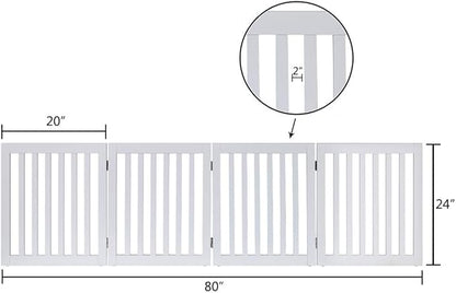 unipaws 24”H Free Standing Pet Gate for Dog Cat, Wooden Gates for Doorway, Stairs, Step Over Foldable Pet Fence for The House, Expandable Dog Barrier, Indoor Use, White