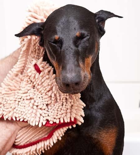 Soggy Doggy Super Shammy Dog Towel – Absorbent Microfiber Chenille Pet Towel for Drying Wet Dogs, Muddy Paws, Quick Dry Dog Shammy with Hand Pockets, Machine Washable – Beige/Red Trim, 31” x 14”