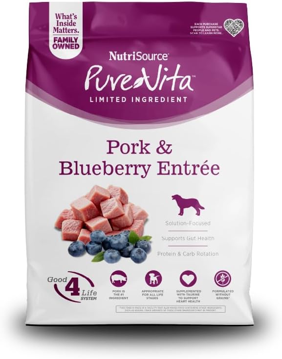 NutriSource Pure Vita Grain Free Pork & Blueberry Dog Food, 12LB