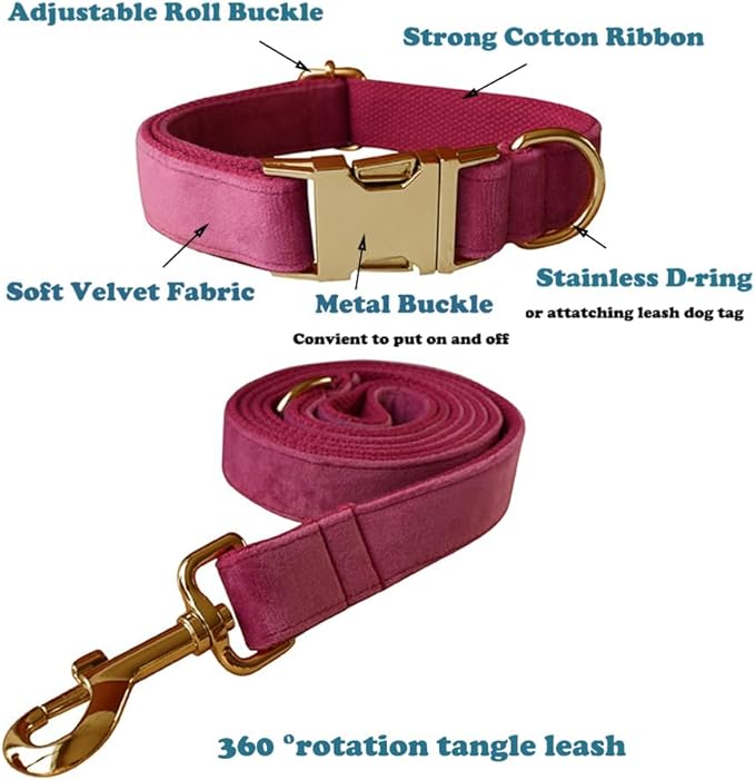 Love Dream Velvet Dog Collar and Leash Set, Soft & Comfy Adjustable Dog Leash and Collar with Heavy Duty Metal Buckle for Small Medium Large Dogs Training & Walking (Small, Rose)