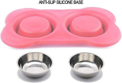 AsFrost Dog Food Bowls Stainless Steel Pet Bowls & Dog Water Bowls with No-Spill and Non-Skid, Feeder Bowls with Dog Bowl Mat for Dogs Cats and Pets-Pink, 24 0z in Total