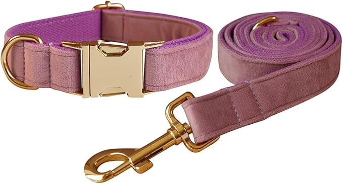Love Dream Velvet Dog Collar and Leash Set, Soft & Comfy Adjustable Dog Leash and Collar with Heavy Duty Metal Buckle for Small Medium Large Dogs Training & Walking (Small, Light Purple)