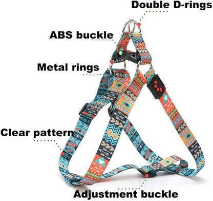 Dog Harness and Leash Set, Pretty Pattern No-Pull Pet Halter Puppy Vest Outdoor Easy Walk for Small Medium Large Breed Pug Bully Mastiff Dogs Female Male, Boho L