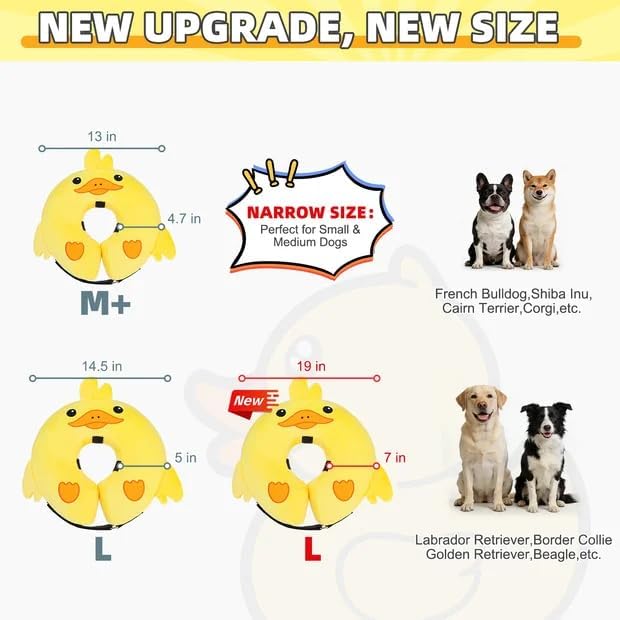 KOOLTAIL Inflatable Dog Cone Collar, Soft Donut E Collar for Dogs After Surgery to Stop Licking Enhanced Alternative, Blow Up Pet Neck Pillow Recovery Adjustable Cone for Dog Cat, Upgrade Size, Duck L