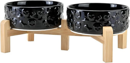 SPUNKYJUNKY Elevated Dog Bowls Ceramic, 5.1'' Dogs and Cat Food Water Bowls Raised with Non-Slip Bamboo Stand for Puppy Small Sized Breed Microwave Dishwasher Safe - 13.5 OZ,Skull Black