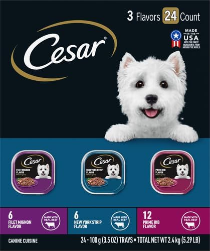 Cesar Filets in Gravy Adult Wet Dog Food Variety Package,Filet Mignon,New York Strip and Prime Rib Flavors,3.5 oz. Easy Peel Trays,Variety Pack,24 Count (Pack of 2)