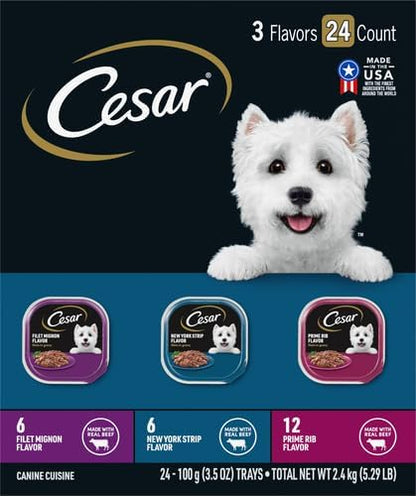 Cesar Filets in Gravy Adult Wet Dog Food Variety Package,Filet Mignon,New York Strip and Prime Rib Flavors,3.5 oz. Easy Peel Trays,Variety Pack,24 Count (Pack of 2)