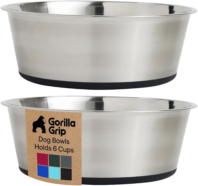 GORILLA GRIP Dog Bowls, Food Grade 304 Stainless Steel, Holds 6 Cups Each (48 fl oz) Food and Water Bowl for Feeding Dogs and Cats, Dishwasher Safe, Rust Resistant, BPA Free Rubber Base Set of 2 Black