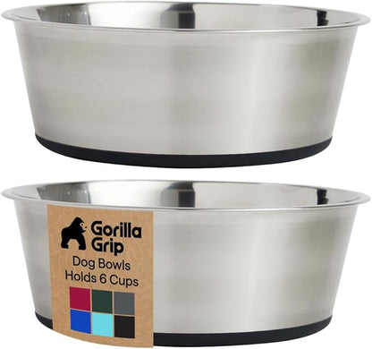 GORILLA GRIP Dog Bowls, Food Grade 304 Stainless Steel, Holds 6 Cups Each (48 fl oz) Food and Water Bowl for Feeding Dogs and Cats, Dishwasher Safe, Rust Resistant, BPA Free Rubber Base Set of 2 Black