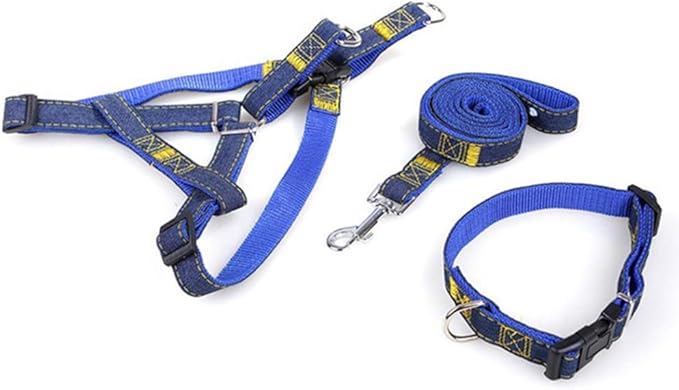 Denim Pet Dog Collar Harness Leash Set for Puppy Dog Cat, Adjustable Dog Harness Vest Collar Lead S/M/L/XL