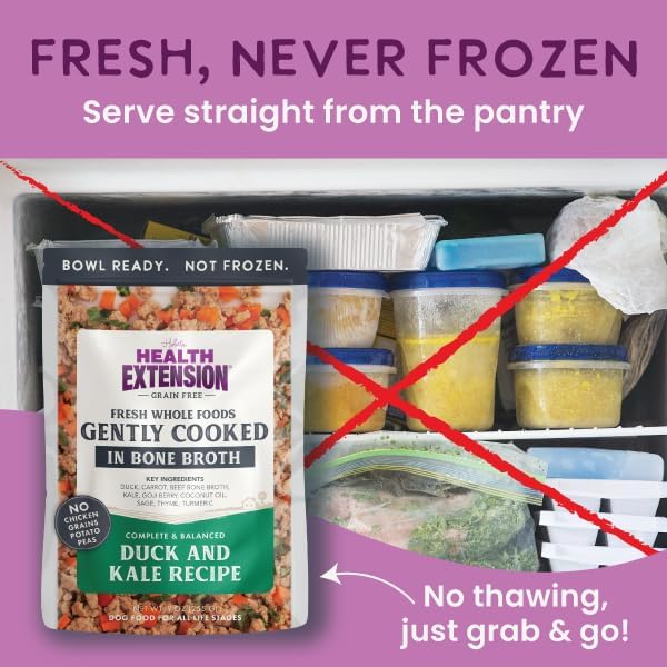 Health Extension Gently Cooked Grain-Free Duck & Kale Dog Food, Human-Grade & Shelf-Stable with Superfoods, Supports Digestion, Immunity, Skin & Coat, 3 oz Pouch (Pack of 20)