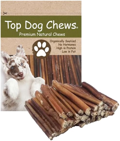 Top Dog Chews 6" Bully Sticks - 25 Pack, 1.3 LB Bag, All Natural, Roasted, Sourced from Free Range Beef, High Protein, Low Fat Dog Chews for Healthy Teeth, Gums & Chewing Satisfaction.