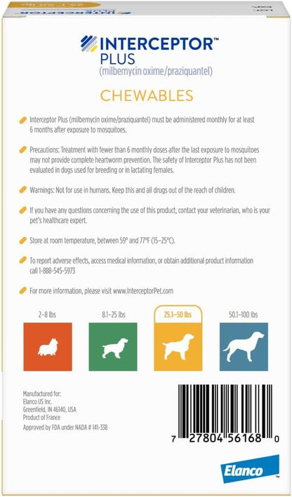 Interceptor Plus Prevention for Heartworm + 4 Other Worms for Dogs 25.1-50 lbs. | 6 Chews, 6-Month Supply
