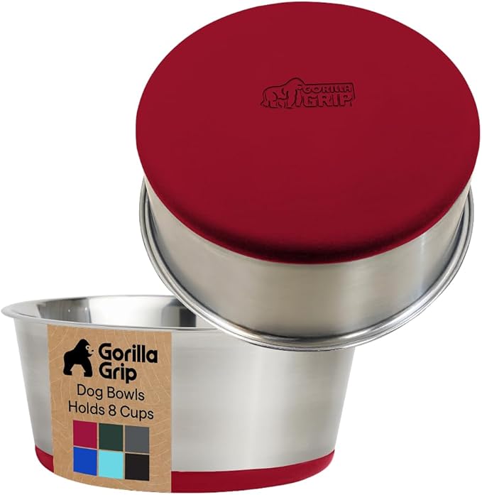 GORILLA GRIP Dog Bowls, Food Grade 304 Stainless Steel, Holds 8 Cups Each (64 fl oz) Food and Water Bowl for Feeding Dogs and Cats, Dishwasher Safe, Rust Resistant, BPA Free Rubber Base Set of 2 Red