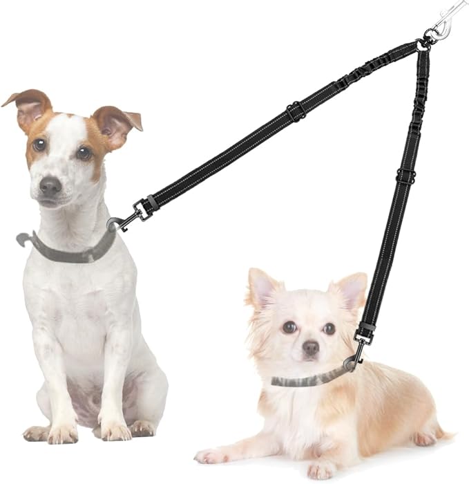 AUTOWT Double Dog Leash, No Tangle 360°Swivel Rotation Reflective Lead Attachment Adjustable Length Dual Two Dogs Lead Splitter, Comfortable Shock Absorbing Walking Training for 2 Dogs
