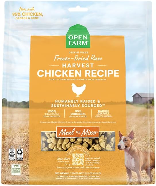 Open Farm, Freeze Dried Raw Dog Food, Morsels with 95% Meat, Organs & Bone, Organic Produce & Superfoods, Complete Meal or Freeze Dried Dog Food Topper, Chicken Recipe, 31.5oz Bag