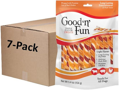 Good 'N' Fun Triple Flavor Twist Rawhide Treats for Dogs, 22 Count (7 Pack)