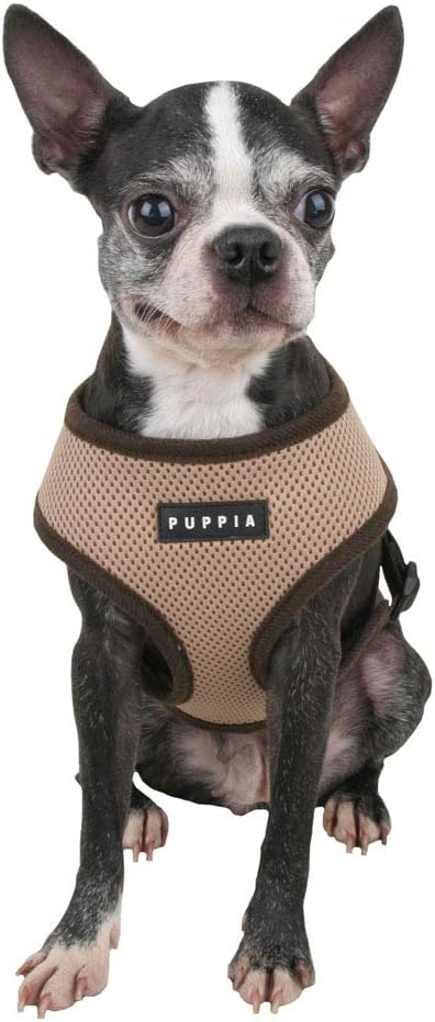 Puppia Soft Dog Harness No Choke Over-The-Head Triple Layered Breathable Mesh Adjustable Chest Belt and Quick-Release Buckle, Beige, Small