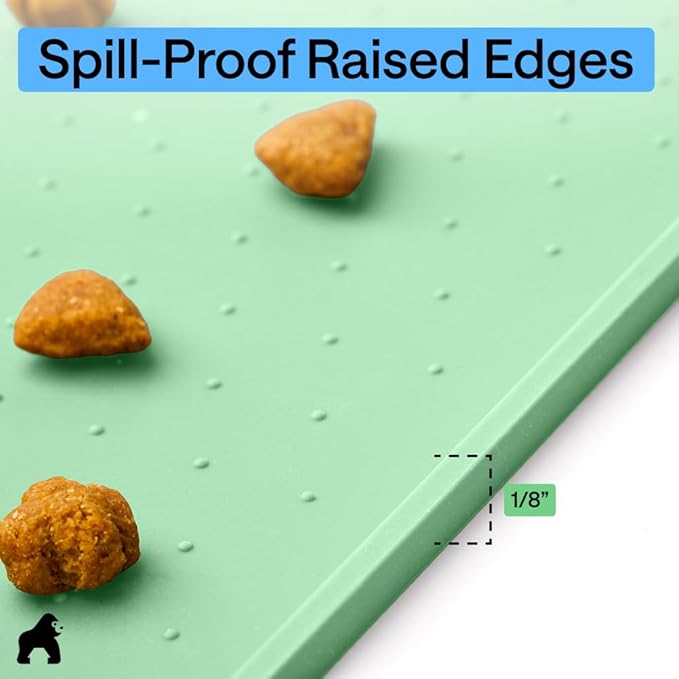 GORILLA GRIP 100% Waterproof Raised Edge BPA Free Silicone Pet Feeding Mat, Dog Cat Food Mats Contain Spills Protects Floors, Placemats for Cats and Dogs Water Bowl, Pets Accessories 32x24 Mint