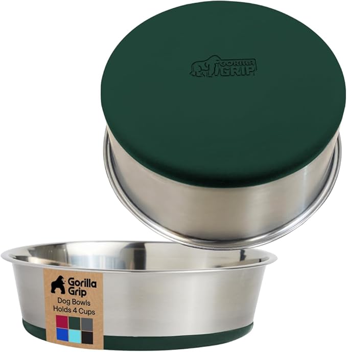 GORILLA GRIP Dog Bowls, Food Grade 304 Stainless Steel, Holds 4 Cups Each (32 fl oz) Food and Water Bowl for Feeding Dogs and Cats, Dishwasher Safe, Rust Resistant, BPA Free Rubber Base Set of 2 Green