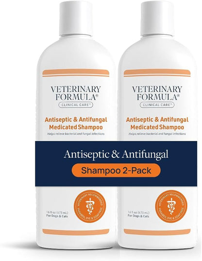 Veterinary Formula Clinical Care Antiseptic and Antifungal Medicated Shampoo for Dogs & Cats, 16 Fl Oz – Helps Alleviate Scaly, Greasy, red Skin – Paraben, Dye, Soap-Free (2 Pack)