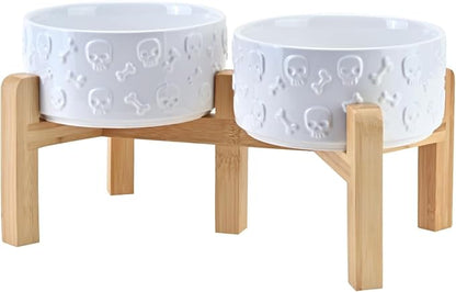 SPUNKYJUNKY Elevated Dog Bowls Ceramic, 6.1'' Dogs and Cat Food Water Bowls Raised with Non-Slip Bamboo Stand for Medium Sized Breed Microwave Dishwasher Safe - 28.7 OZ,Skull White