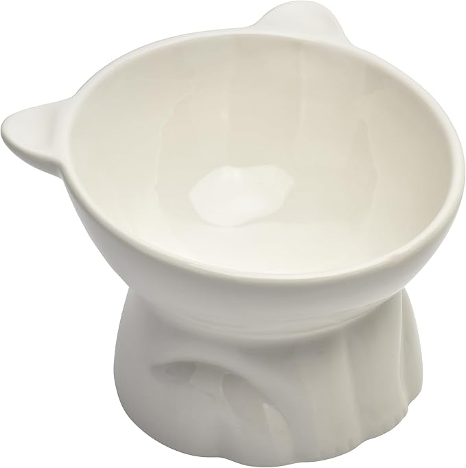 Elevated Cat Food Bowl,9 Oz Ceramic Raised and Tilted Water Bowl,Anti Vomiting and Protect Pets Spines Dishes for Fat Faced Cat, Indoor Cats,Kitten,Small Dog (White)