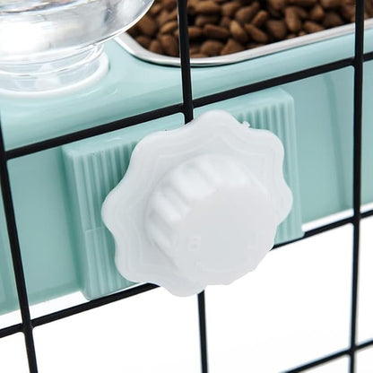 Cage Double Bowls, Crate Hanging, Dog Cat Bowl with Automatic Water Dispenser Bottle, Water and Food Bowl Set with Detachable Stainless Steel Bowl, Bird Pet Dog Cat Food Water Feeder (White)